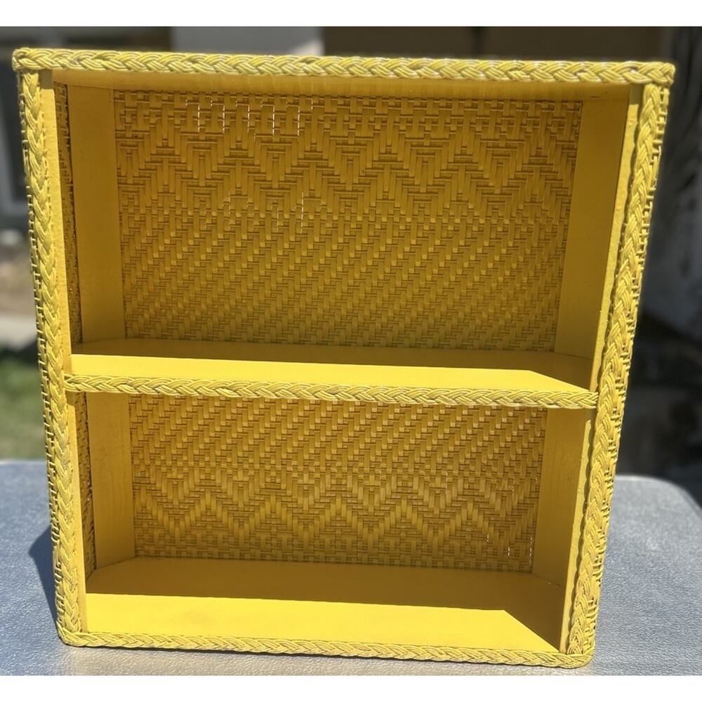 Vintage Faux Wicker Wall Shelf Cabinet Boho Cottage 2 Tier Rattan Look 18x18